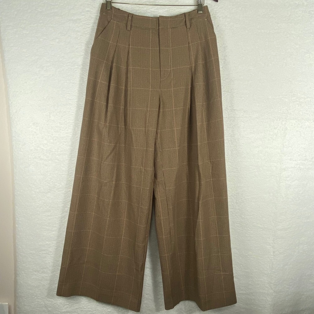 Maeve The Avery Wide Leg Pleated Houndstooth Plaid Pants Brown Pink Size M
